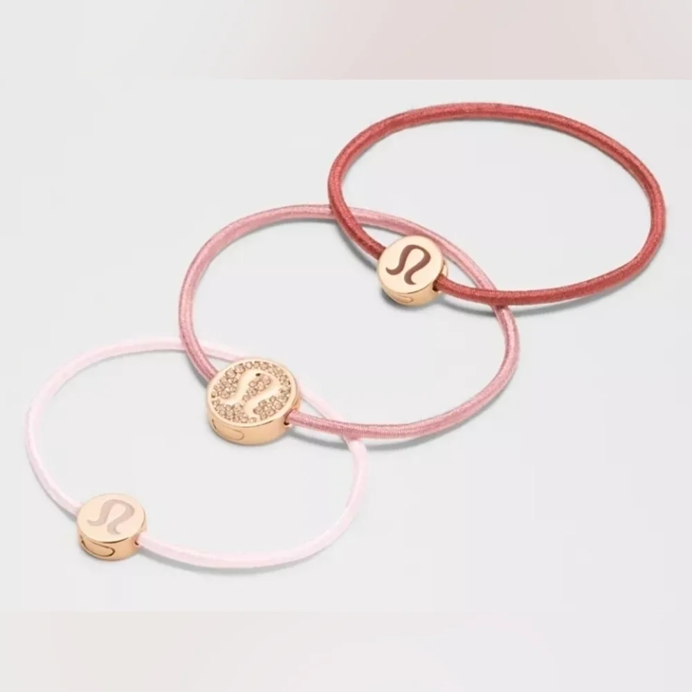 Lululemon Logo Hair Ties 3 Pack Blissful Pink/Red, Clay/Rockwood, Gold, New